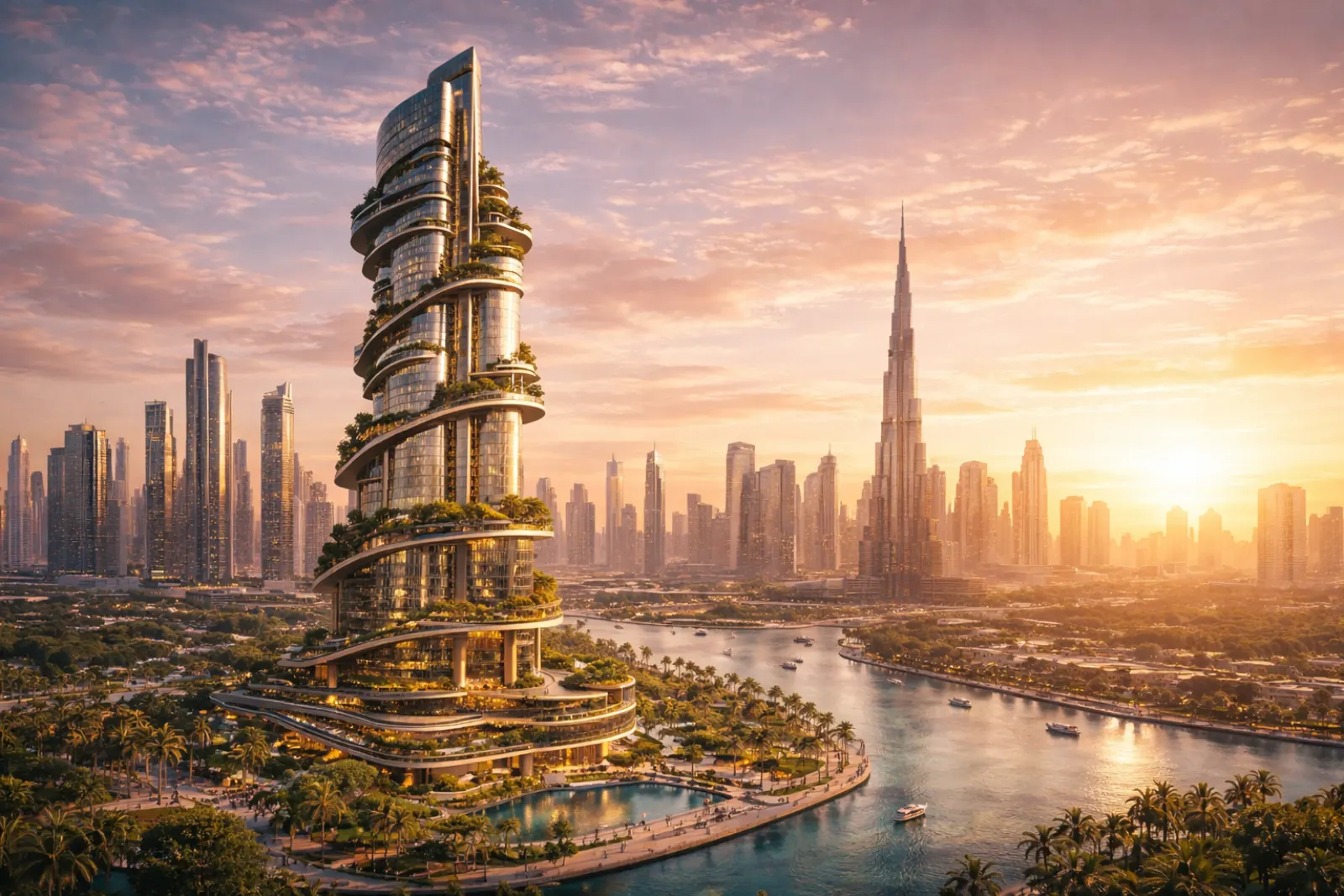 Photorealistic artist impression of an iconic Dubai skyline tower at sunset with Burj Khalifa view
