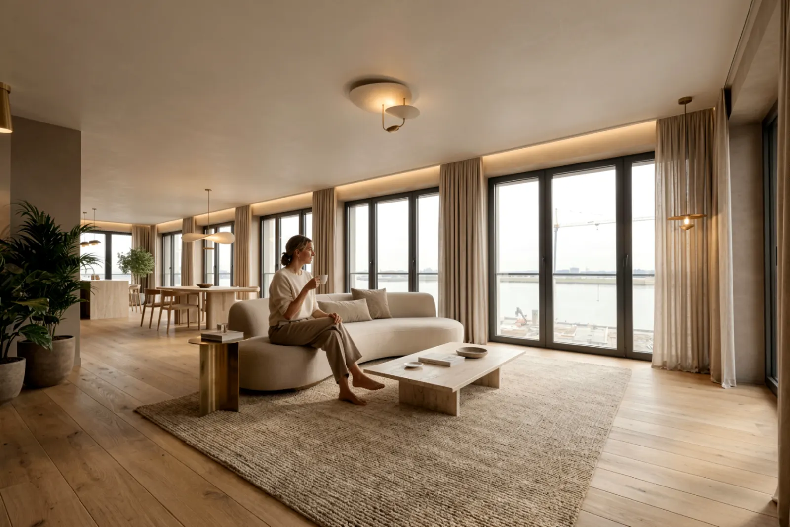 AI-generated real estate visualization of a premium riverside apartment development in Amsterdam